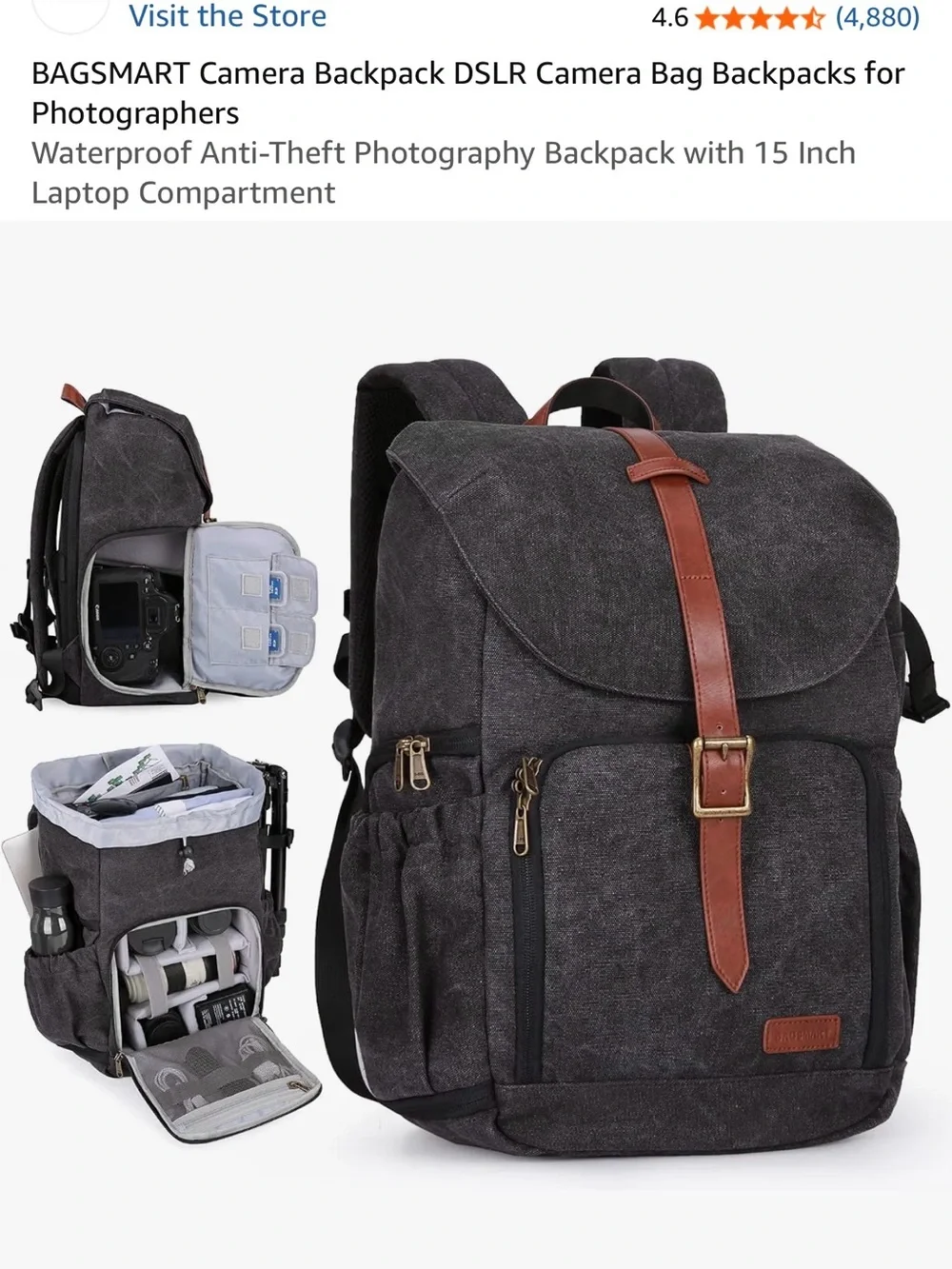 BagSmart Dark Gray Camera Backpack with Brown Accent